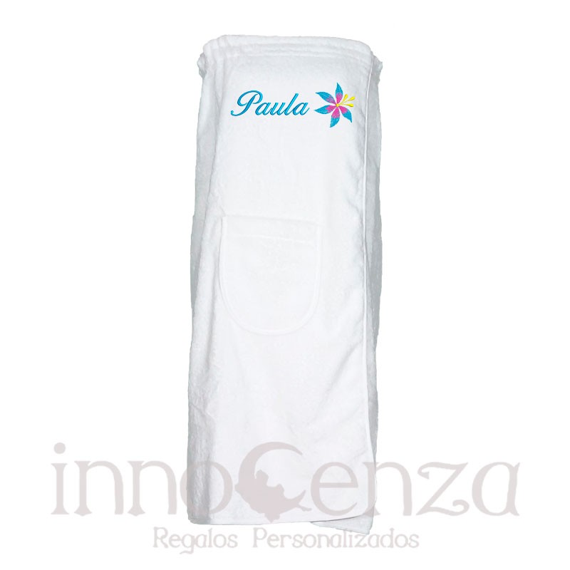 Pareo toalla blanco bordado Nombre y diseño con turbante y manopla